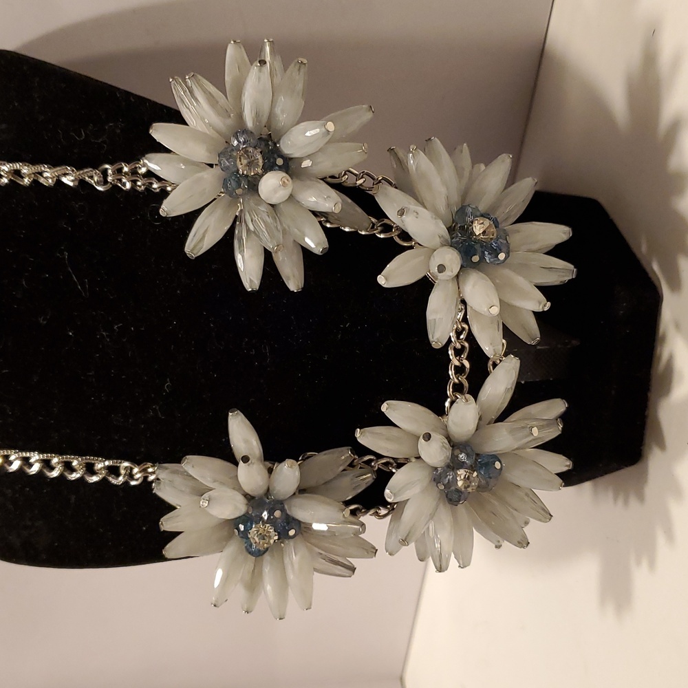 Vintage Blue And Grayish Flower Statement Necklace Silvertone Chain 18 inches